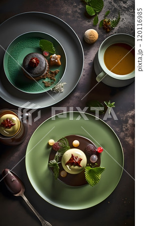 Elegant dessert arrangement with gourmet plates and coffee cup 120116985