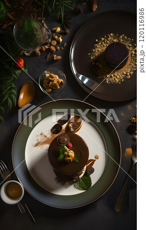 Elegant dessert display with chocolate cake and coffee for gourmet dining 120116986