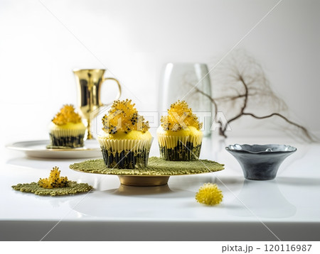 Elegant dessert display with cupcakes and golden decoration on white background for culinary art 120116987