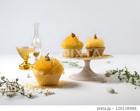 Elegant dessert display with decorative cupcakes on a white background 120116988