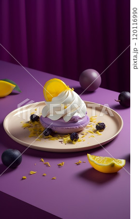 Elegant dessert on violet background with whipped topping and fruit decor 120116990
