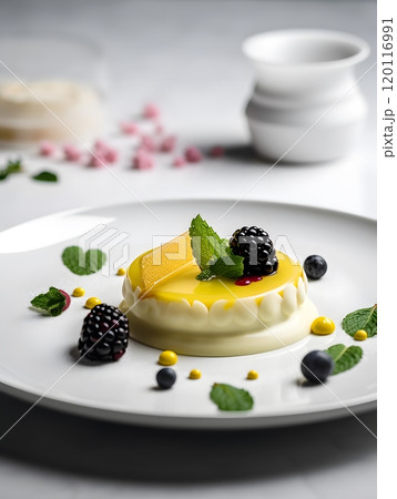 Elegant dessert presentation with berries and mint on white plate 120116991