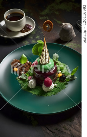Elegant dessert presentation with chocolate, berries, and coffee for gourmet dining experience 120116992