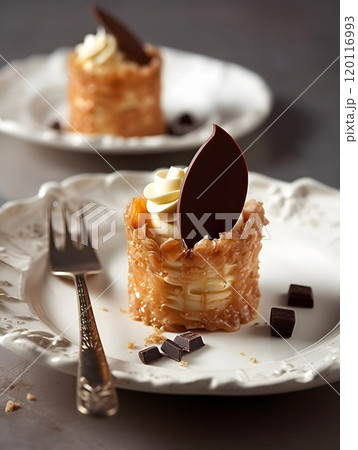 Elegant dessert presentation with decadent chocolate garnish for gourmet dining experience 120116993