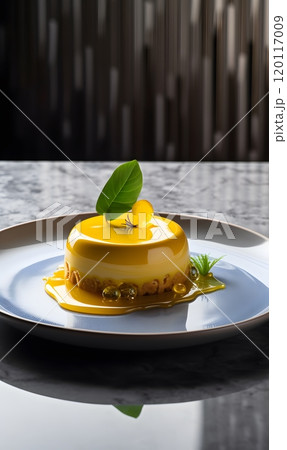 Elegant yellow dessert on white plate with modern background for culinary art design Elegant yellow dessert on white plate with modern background for culinary art design 120117009