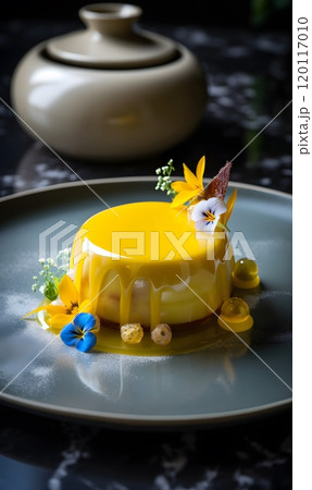 Elegant yellow dessert with floral accents on white plate for gourmet presentation Elegant yellow dessert with floral accents on white plate for gourmet presentation 120117010