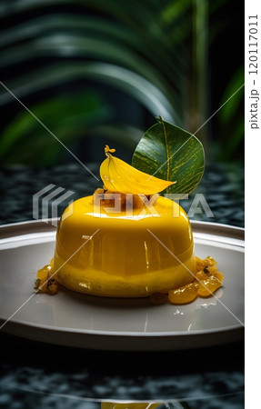 Elegant yellow dessert with modern decoration on a white plate for gourmet presentation Elegant yellow dessert with modern decoration on a white plate for gourmet presentation 120117011