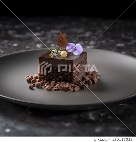 Gourmet chocolate cake dessert with edible flowers on elegant plate for culinary design 120117032