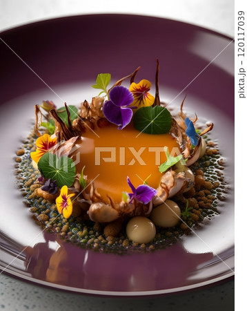 Gourmet culinary art featuring mushroom sauce dish with edible flowers 120117039
