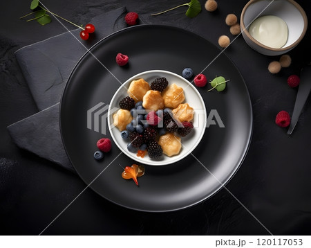 Gourmet dessert presentation with fresh berries on black tableware Gourmet dessert presentation with fresh berries on black tableware 120117053