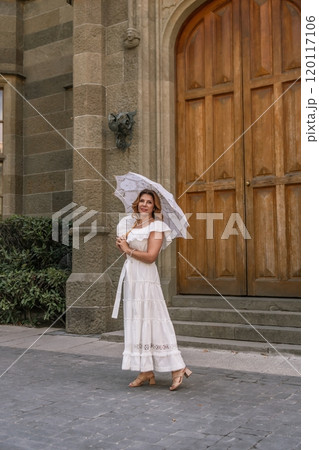 Woman White Dress Umbrella Church Entrance Woman White Dress Umbrella Church Entrance 120117106