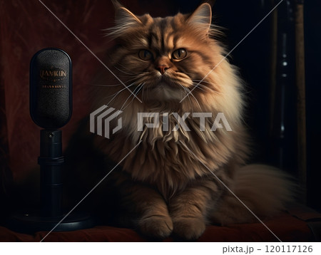 Fluffy cat with microphone: cozy portrait for audio recording concept 120117126