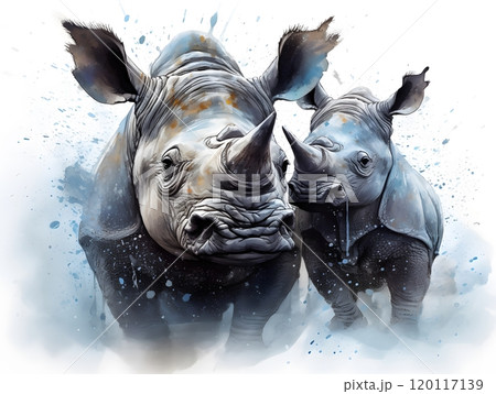 Rhino family watercolor art - majestic adult and baby rhinoceros Rhino family watercolor art - majestic adult and baby rhinoceros 120117139