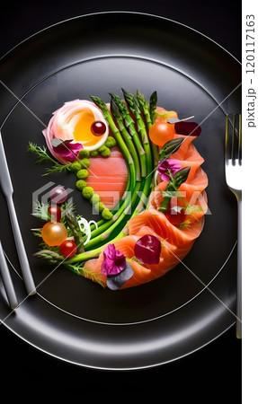 Gourmet presentation of salmon and asparagus with artistic garnishes on a black plate for fine dining 120117163