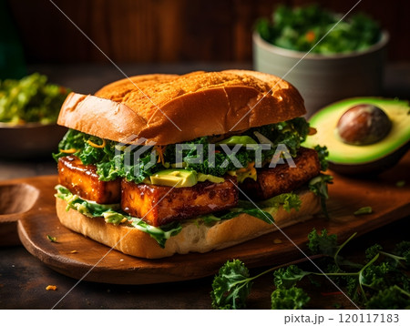 Incredibly crispy bbq tofu sandwich with fresh avocado and kale on wooden board Incredibly crispy bbq tofu sandwich with fresh avocado and kale on wooden board 120117183