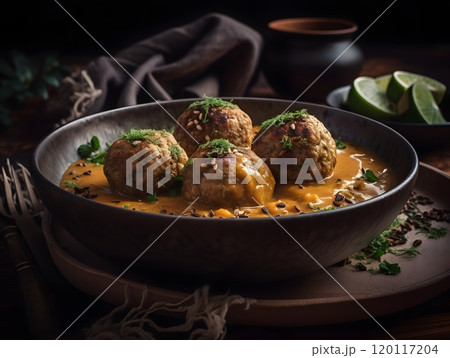 Vegan lentil meatballs in creamy indian coconut curry sauce - perfect for plant-based dining 120117204