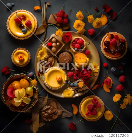 Vibrant dessert spread with flowers and fresh fruits for culinary delight Vibrant dessert spread with flowers and fresh fruits for culinary delight 120117206