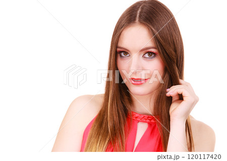 Woman charming girl long hair face makeup 120117420