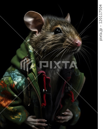 Stylish rat in nature-inspired jacket for editorial and fashion concepts 120117504