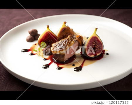 Gourmet dish of fried grouse with brioche and fig puree for elegant dining Gourmet dish of fried grouse with brioche and fig puree for elegant dining 120117533