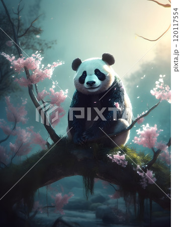 Enchanting panda on blossom tree branch in tranquil forest scene for nature-themed design 120117554