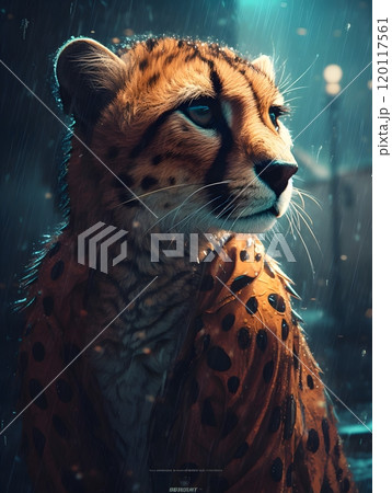 Majestic cheetah in the rain: digital art of a serene wild cat 120117561