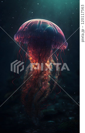Mesmerizing jellyfish floating gracefully in ocean depths Mesmerizing jellyfish floating gracefully in ocean depths 120117563