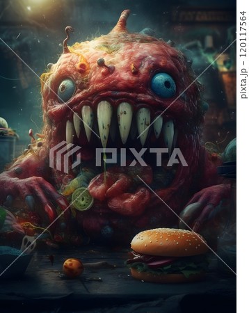 Monstrous feast: cartoon monster devouring a hamburger in a dark fantasy setting 120117564