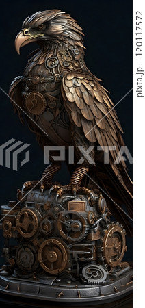 Steampunk eagle statue on wooden block for artistic decor and design 120117572