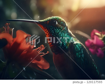 Vibrant hummingbird with flower in beak at sunrise nature and wildlife photography 120117593
