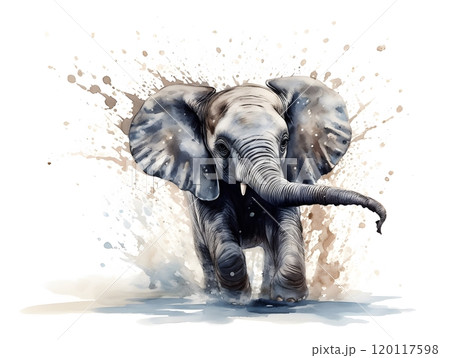 Watercolor elephant splashing water artistic wildlife illustration for print 120117598