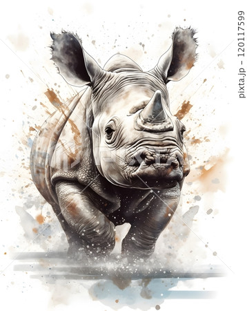 Watercolor illustration of rhinoceros and calf in action ideal for nature posters and wildlife cards 120117599