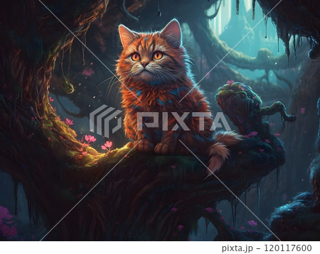 Whimsical cat in enchanted tree - digital art for fantasy decor and inspiration 120117600