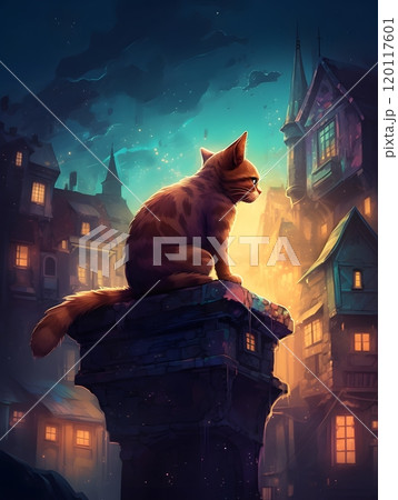 Whimsical cat overlooking a magical night cityscape 120117601