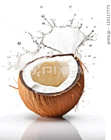 Fresh coconut with splash of milk - vibrant tropical illustration for food and beverage design 120117773
