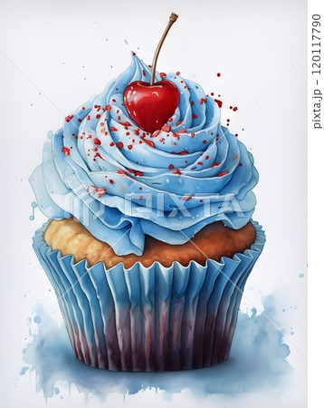 Vibrant cupcake with blue frosting and cherry topping for dessert designs Vibrant cupcake with blue frosting and cherry topping for dessert designs 120117790