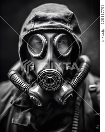 Surreal black and white portrait of a man in gas mask with hooded jacket 120117795