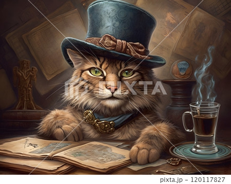 Cat in top hat and glasses: whimsical illustration for cards and posters 120117827