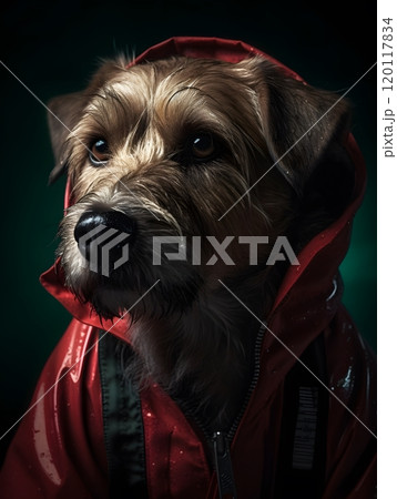 Close-up portrait of a dog in stylish red jacket with national inspiration 120117834