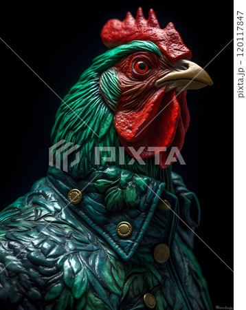 Rooster portrait in artistic jacket inspired by national geographic style Rooster portrait in artistic jacket inspired by national geographic style 120117847
