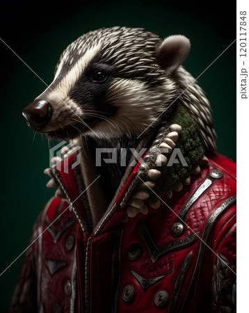Stylish badger in red jacket inspired by wildlife photography Stylish badger in red jacket inspired by wildlife photography 120117848