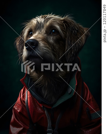 Stylish dog in red jacket with national theme Stylish dog in red jacket with national theme 120117849