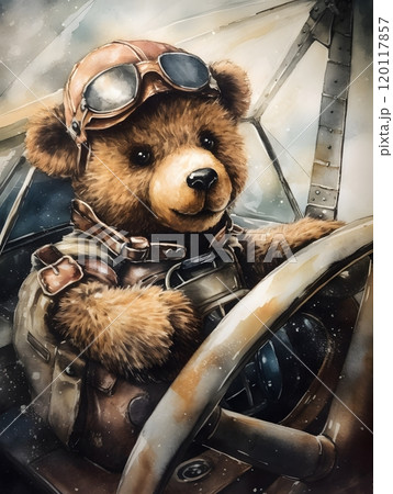 Whimsical teddy bear pilot in vintage airplane watercolor illustration for cards or posters Whimsical teddy bear pilot in vintage airplane watercolor illustration for cards or posters 120117857