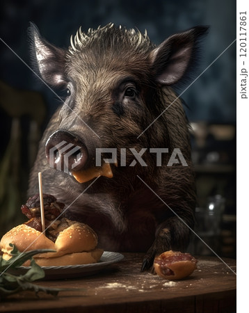 Wild boar enjoying a hamburger - unique animal behavior concept 120117861