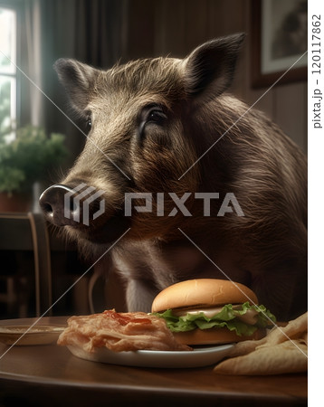 Wild boar enjoying a hamburger in a cozy rustic setting 120117862