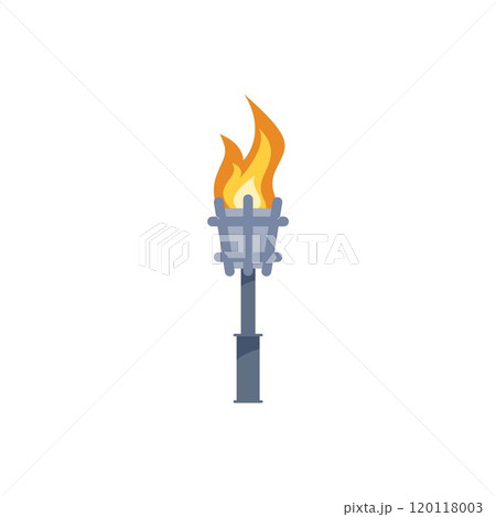 Vector illustration of a medieval metal torch with a burning flame on a white background. 120118003