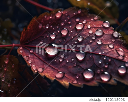 Close-up of water droplets on vibrant autumn leaf for nature themes 120118008