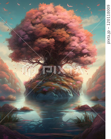 Dreamy tree island amidst serene waters - fantasy art landscape 120118009