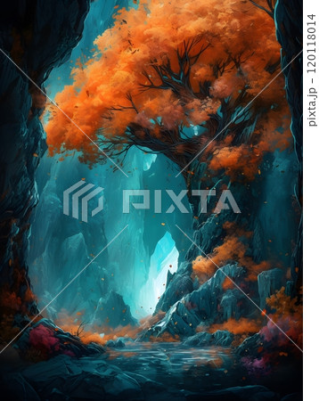 Enchanting autumn tree in mystical mountain landscape for fantasy art 120118014