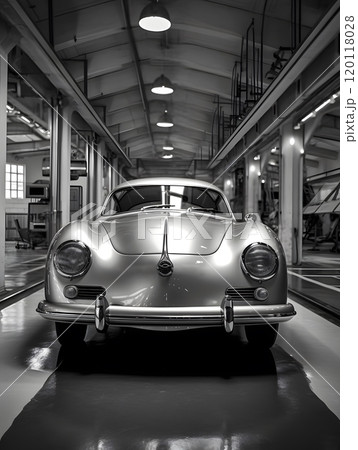 Vintage car in garage: polished classic vehicle in black and white for automotive design 120118028